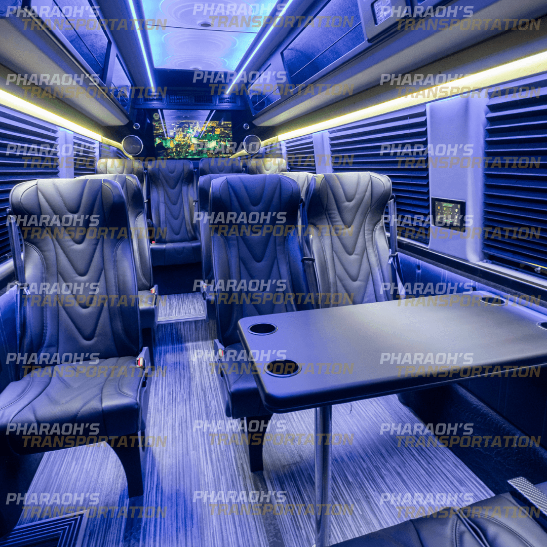 Spacious interior with leather seating and LED lighting inside Sprinter van limo in Milwaukee and Wisconsin