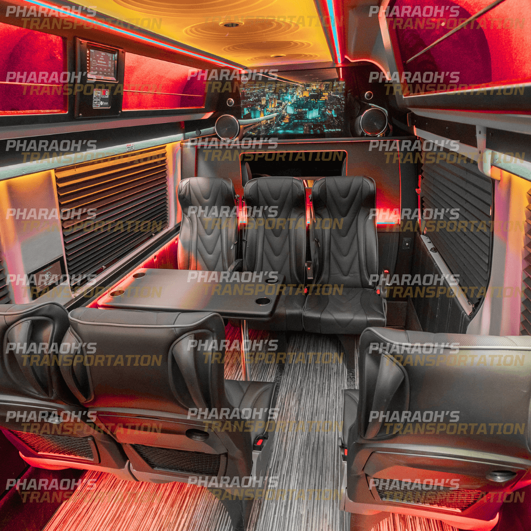 Spacious seating and Interior LED lighting in Pharaoh’s Sprinter shuttle service