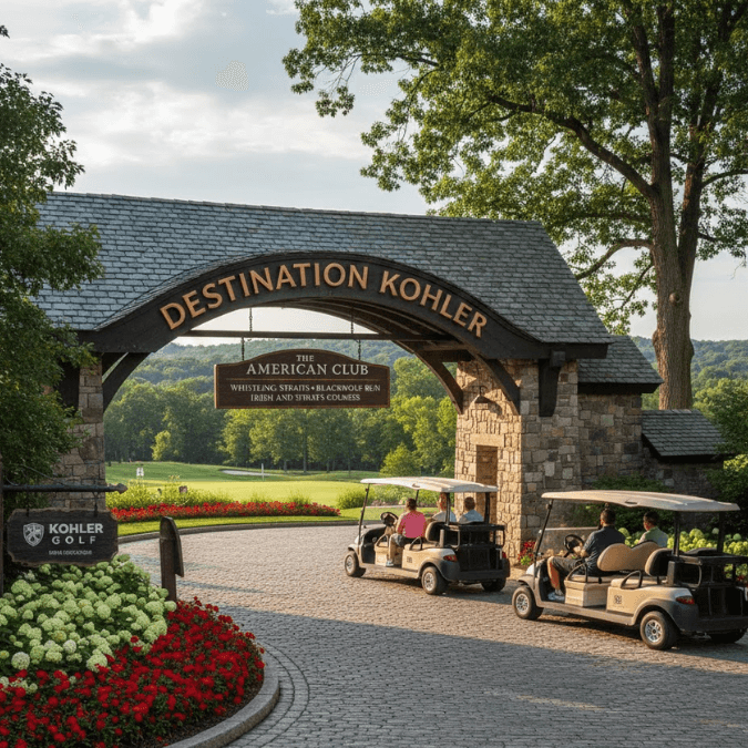 Kohler resort entrance with golf shuttles and signage Milwaukee Resort Transportation