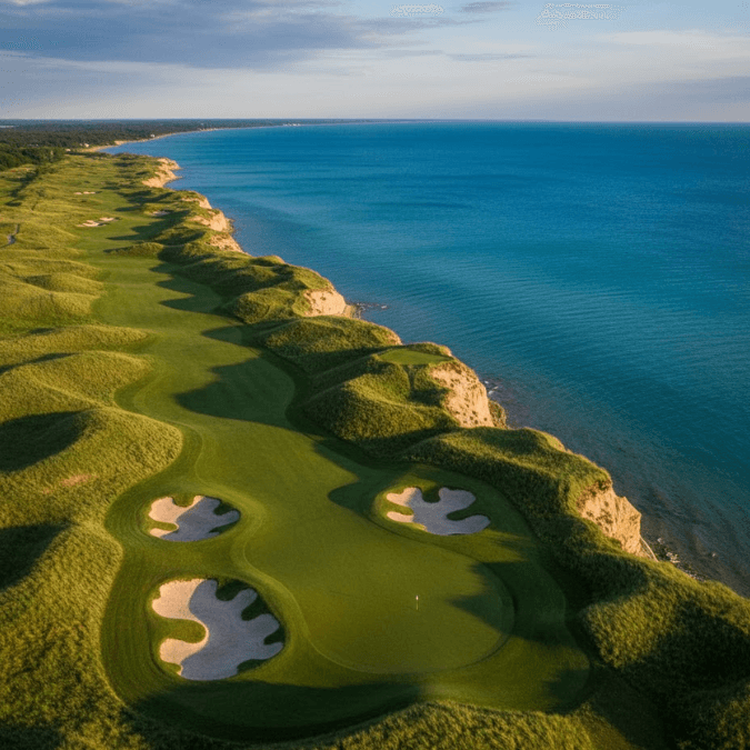Whistling Straits golf course, showcasing its Lake Michigan bluffs and distinctive pot bunkers Golf Tournament Limo