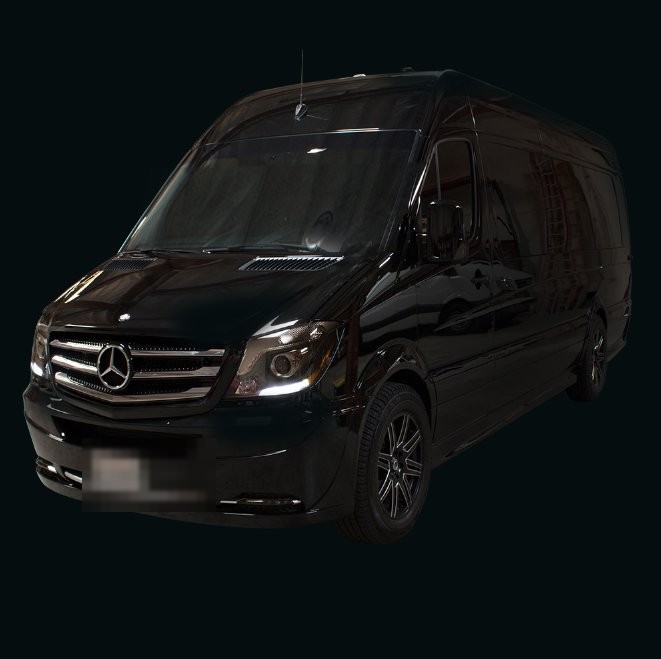Black Mercedes-Benz Sprinter executive limo front, Pharaoh's Transportation Milwaukee